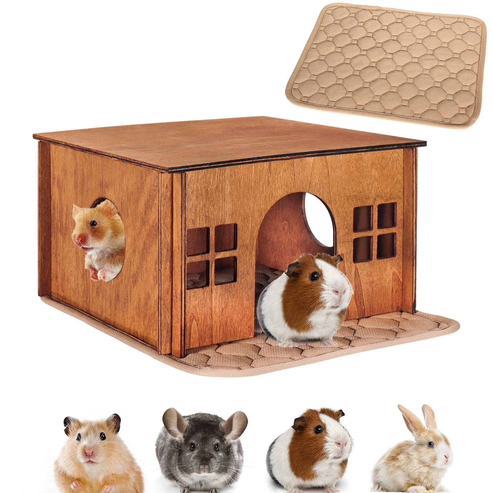Large Wood Guinea Pig Hideout with Windows,Hamster House Hideout,Small Animals Pets Houses Hideouts,Suitable for Chinchilla,Hamsters and Small Rabbit Habitats Hamster Hut Guinea Pig Hide Brown