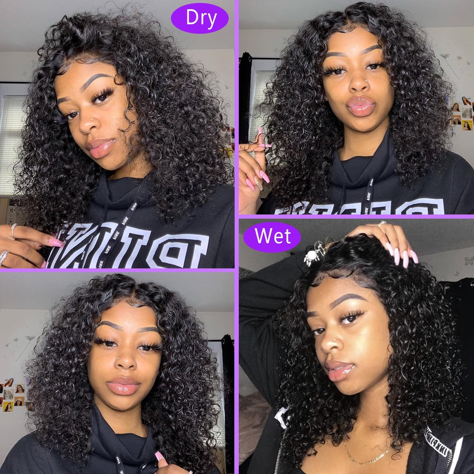 4x4 Wear and Go  Lace Closures Wigs Human Hair Natural Black Color Kinky Curly  Bob Human Hair Wigs for Black Women  Wet and Wavy Human Hair Bob Wigs ,No glue,easy to wear