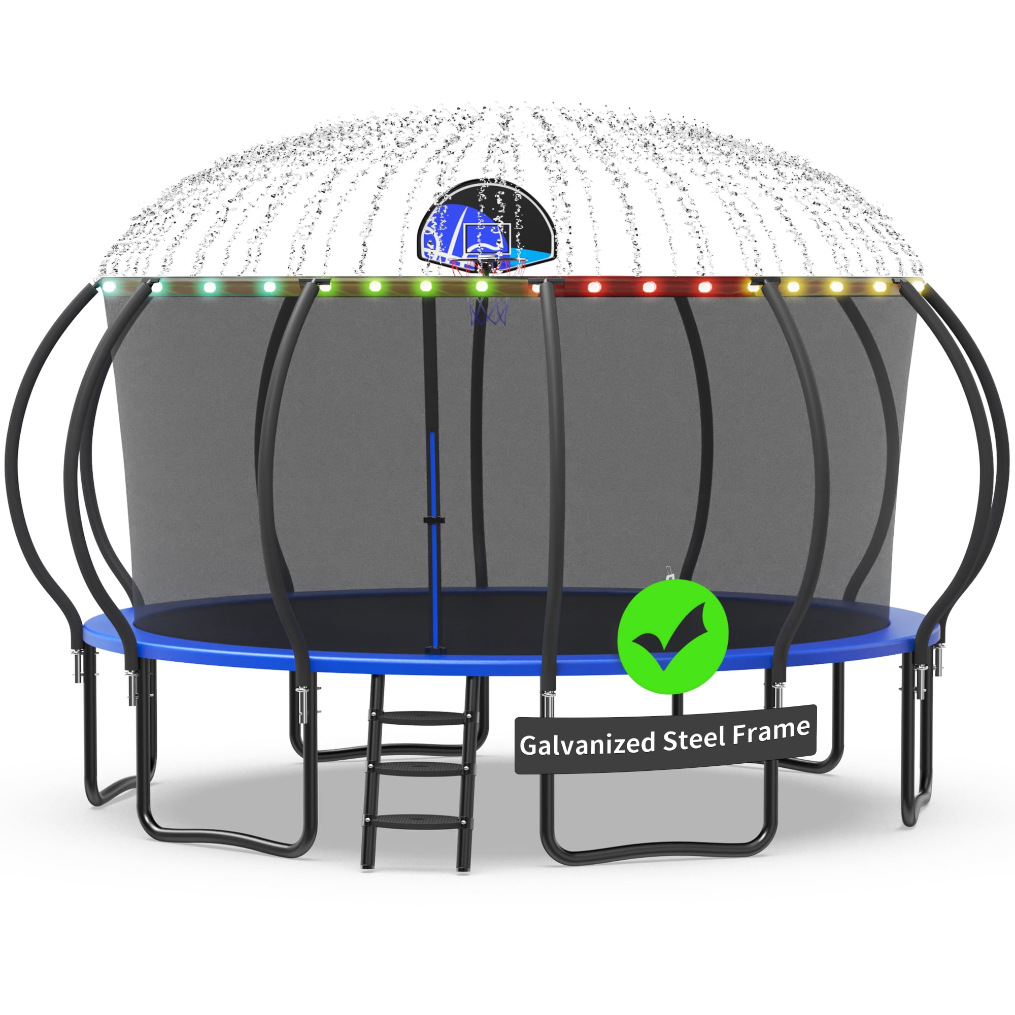 Kacho Trampoline with Enclosure Net for Kids and Adults 1500LBS Capacity 16FT Trampoline with Basketball Hoop Ladder LED Lights Sprinkler Outdoor Heavy Duty Trampoline Blue