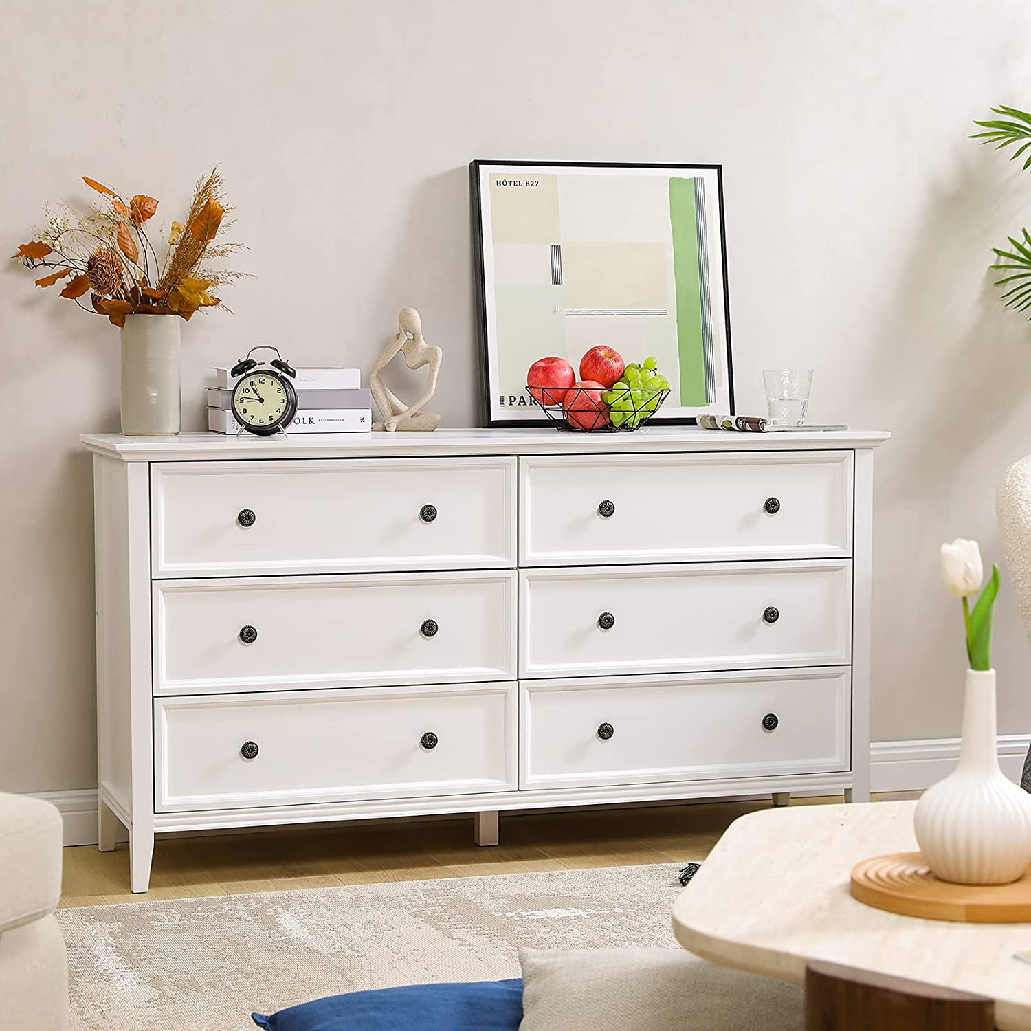 6 Drawer Double Dresser Solid Wood Dresser Chest with Wide Storage