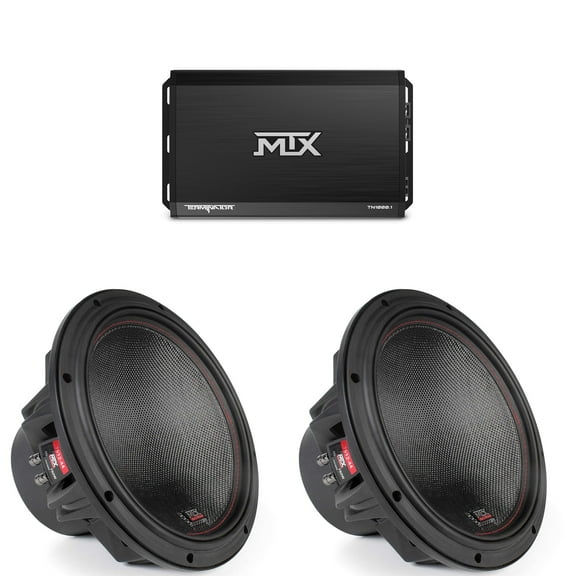 MTX TERMINATOR 1000-Watt RMS 1Ω Mono Block Class D Amplifier and Two MTX Audio 7512-44 75-Series 12" 750W RMS Dual 4-Ohm Subwoofer