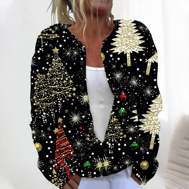 Cárdigan informal de punto con estampado navideño para mujer, chaqueta con botones y abrigo para mujer