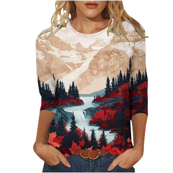BangWanChi Womens Blouses for Work Professional Women 3/4Sleeves Casual Shirts Pullover Loose Tunic Tops Print Blouse