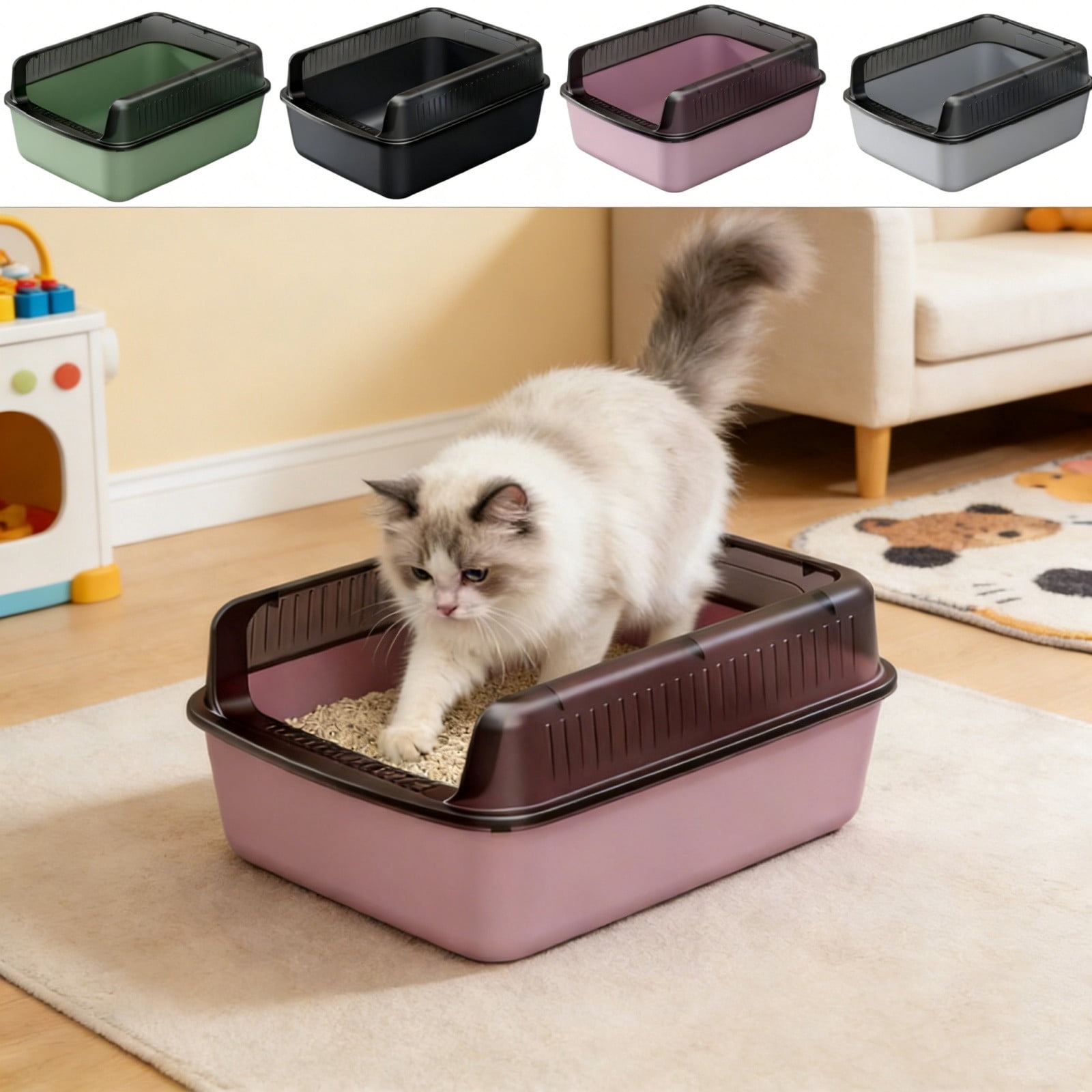 Black Semi Enclosed Cat Litter Box With Top Entry High Sides Odor Control Non Stick Easy Clean Includes Scoop 16X12X8 Inch Multiple Colors