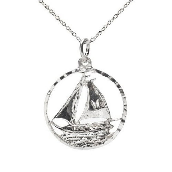 Sterling Silver Nautical Round Sail Boat Pendant Necklace, 18"