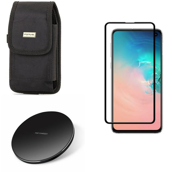 Galaxy S10e Screen Protector w Wireless Charger w Case Belt Clip - Tempered Glass 5D Curved Edge, Fast 7.5W and 10W Charging Pad, Swivel Holster Rugged for Samsung Galaxy S10e Phone