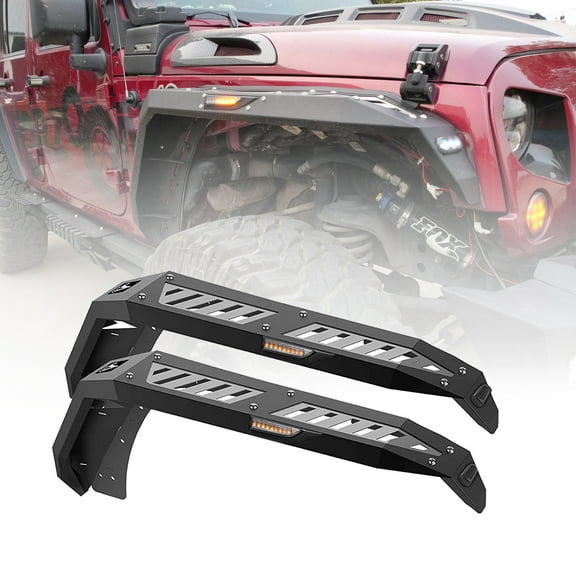 WOLFSTORM 2Pcs/Set Front Fender Flares for 2007-2018 Jeep Wrangler JK JKU Offroad Equipped With LED Sequential Turn Signal Lights And LED Side Marker Lights
