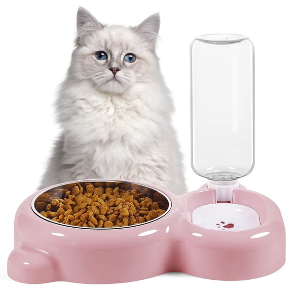 Asunby Stainless Steel Pet Bowl Set, Food and Water Feeder with Water Dispenser for Cats and Small Dogs, Pink