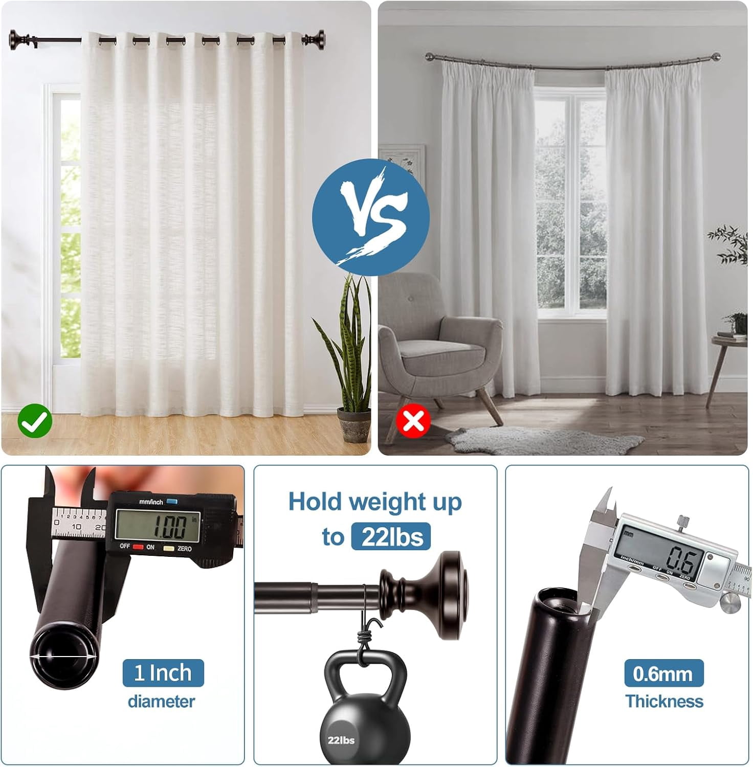 Urbanest Adjustable Double Curtain Rod Set Semplice Flat Button Finials – 1″ Front & 3/4″ Back Rod With Bronze Rod, 28–48 Inches