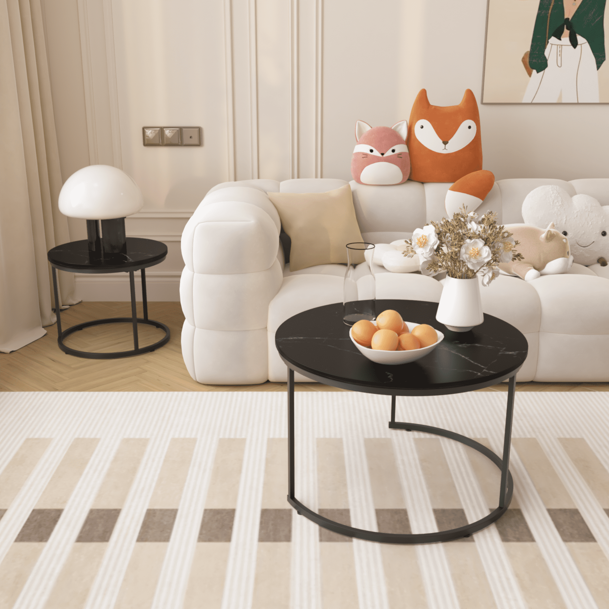 27.6" Nesting Coffee Table Set of 2, Round Coffee Table Wood Marble Pattern Top with Sturdy Metal Frame, End Table Side Tables for Living Room Bedroom Balcony Yard (Black)