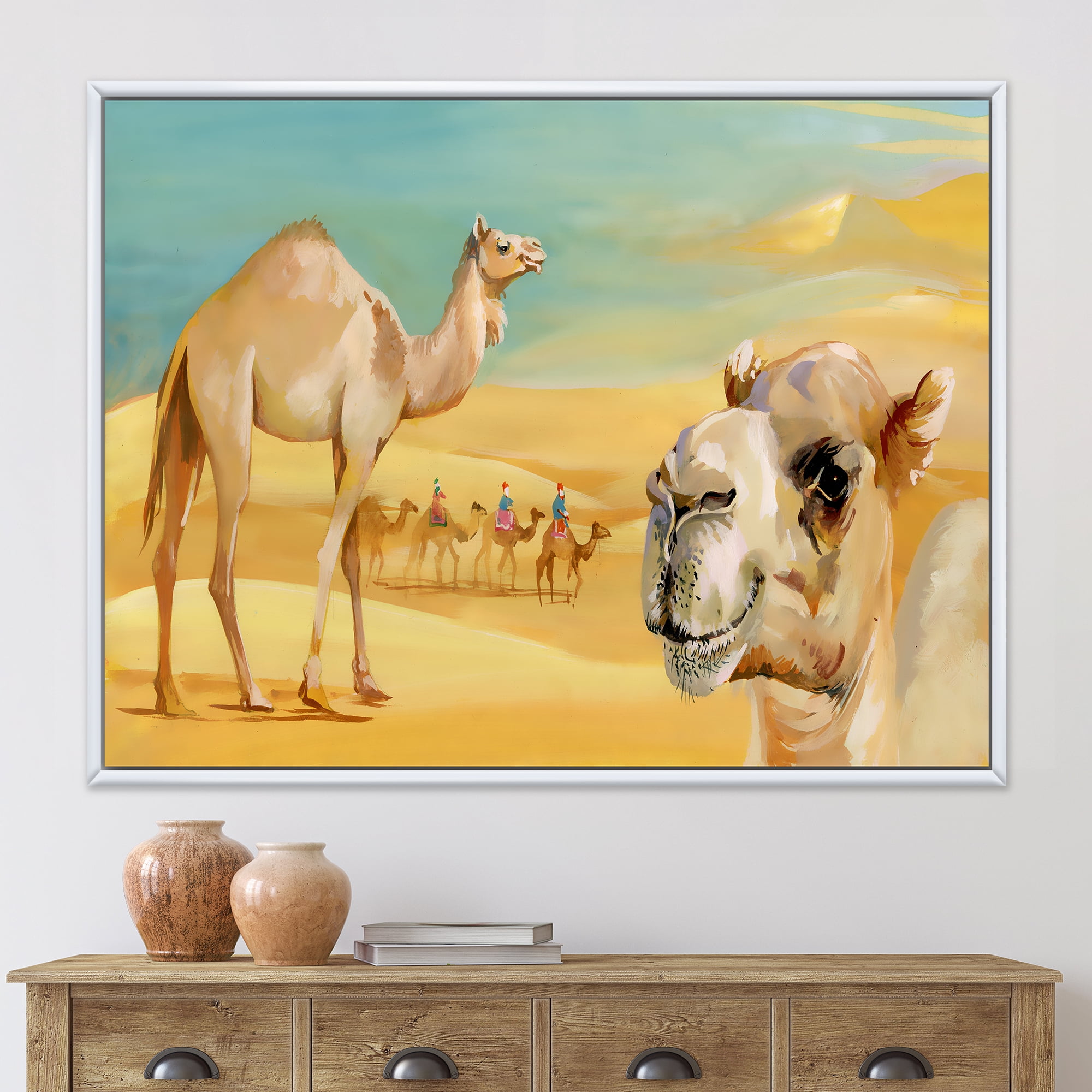 Designart 'Camels In Wild Desert II' Farmhouse Framed Canvas Wall Art Print