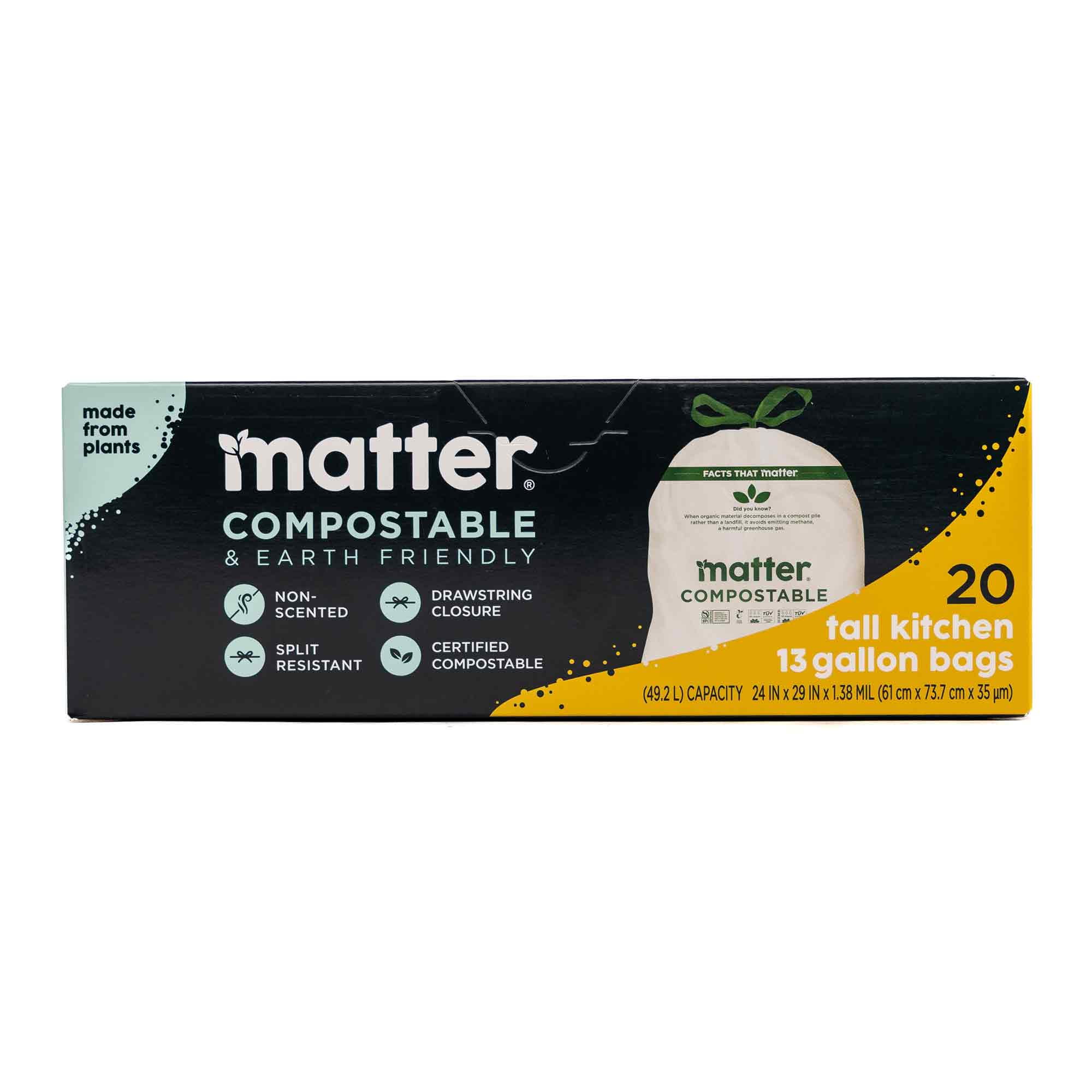 (4 pack) Matter Compostable 13-Gallon Tall Kitchen Trash Bags with Drawstring, 20 Count