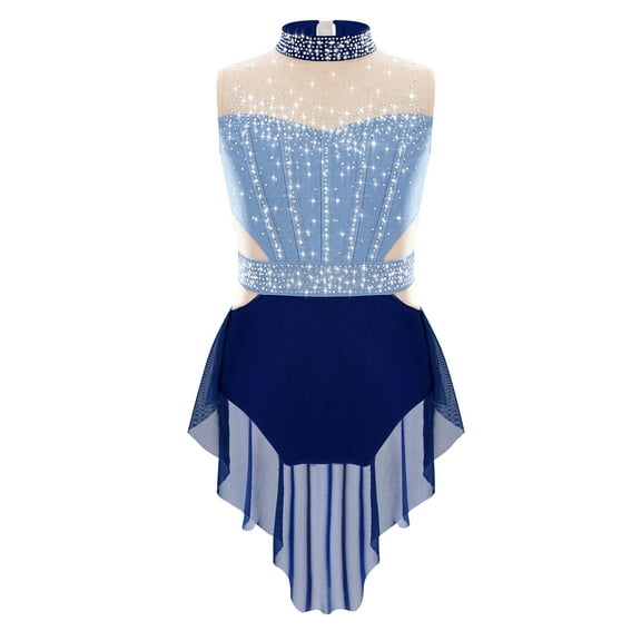 iiniim Girls' Gymnastic Tutu Skirt Modern Figure Skating Dance Dress Ballet Dancwear Blue&Navy Blue 14