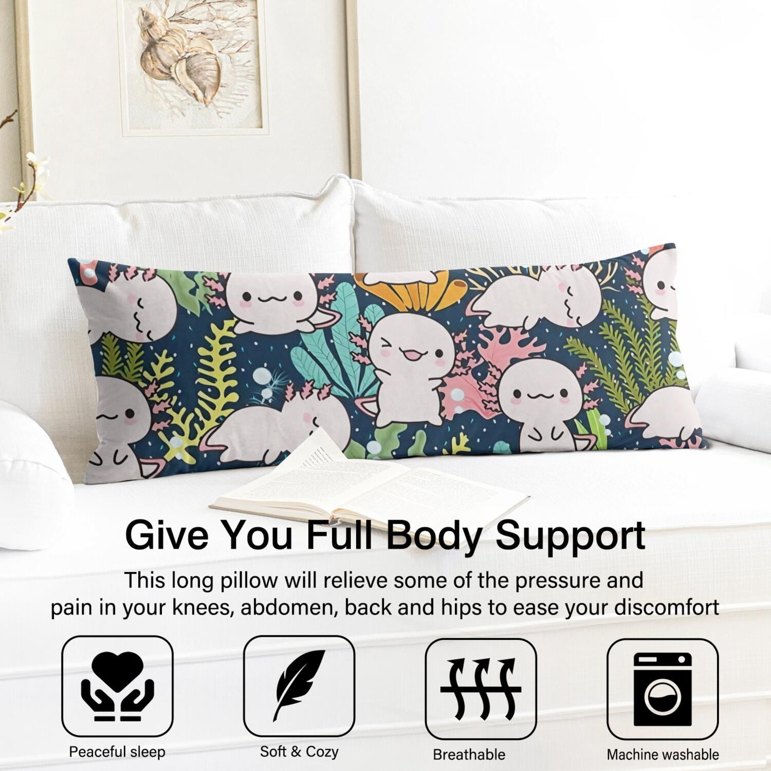 Adorable Funny Axolotl Pillow Cover 20x54 - Colorful Kawaii Cartoon Fantasy Creature Body Pillow Case - Stretchy Durable Maternity & Full Body Support with Hidden Zipper, Cozy Gift for Home & Office