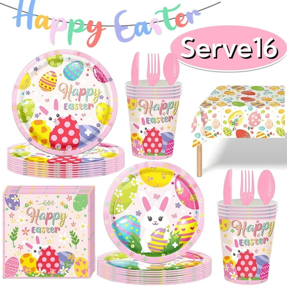 Easter Paper Plates Cups Napkins Easter Party Supplies Disposable Bunny Plates Napkins Cups Cutlery Tableware for Easter Holiday Party Favor Design 4, Serves 16