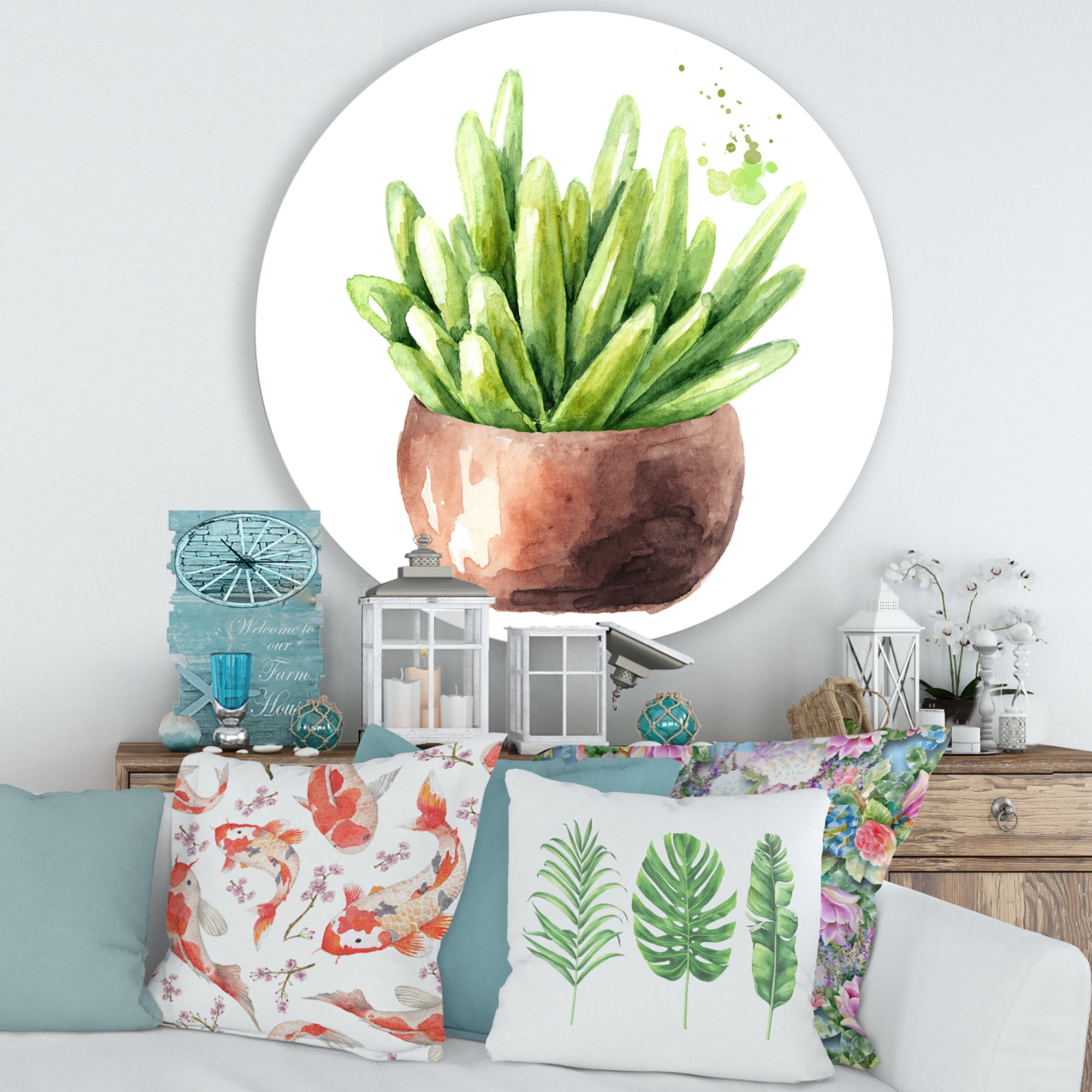 Designart 'Succulent Flower In Terracotta Clypot I' Traditional Circle Metal Wall Art 36x36 - Disc of 36