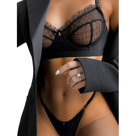 

LAPA Women Lace Mesh Bra Bralette Thongs Underwear Panty Lingerie Set