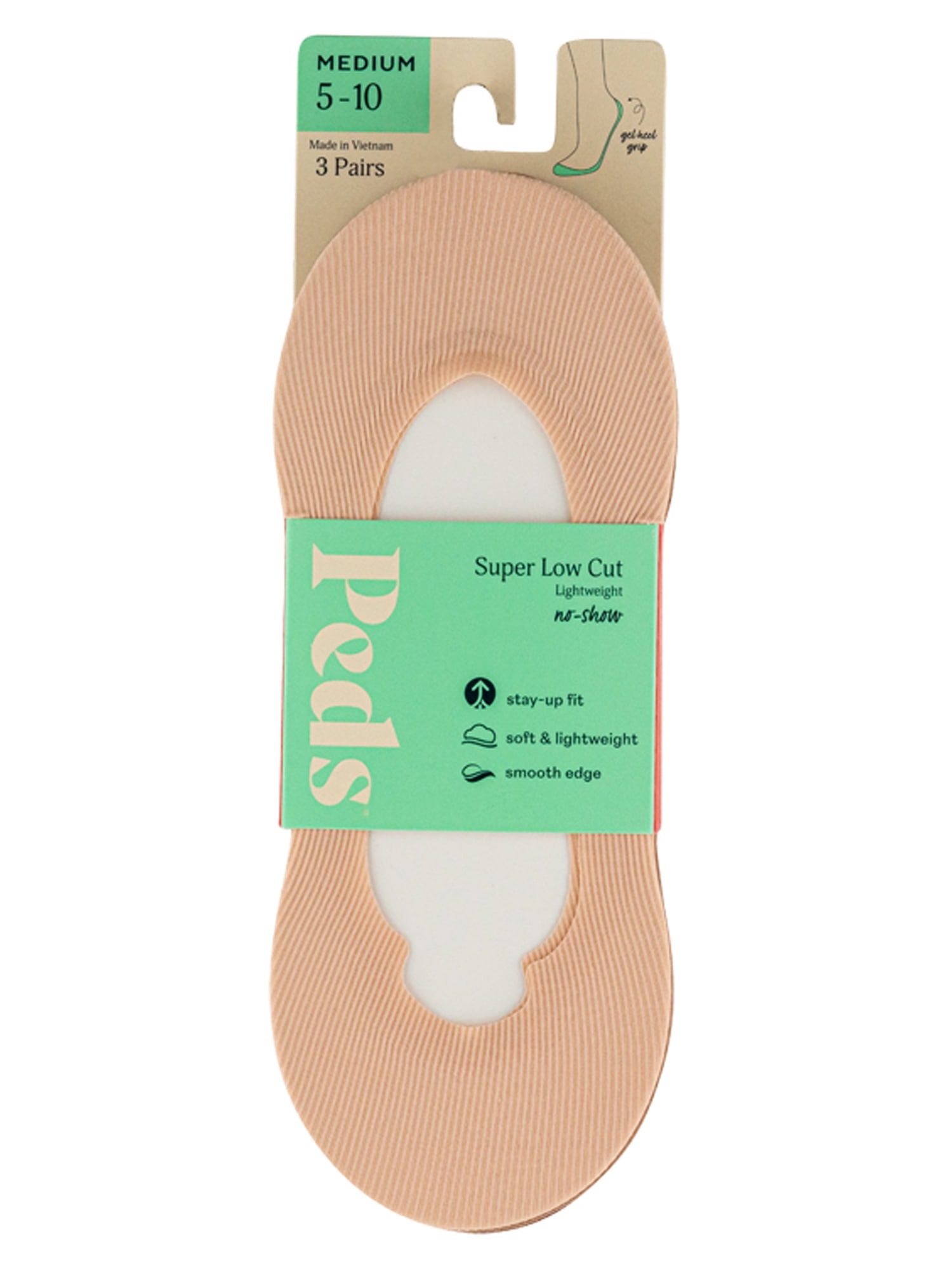 PEDS Women's Smooth Edge Rib Super Low Cut Socks Assorted, 3 Pairs, Sizes 8-12