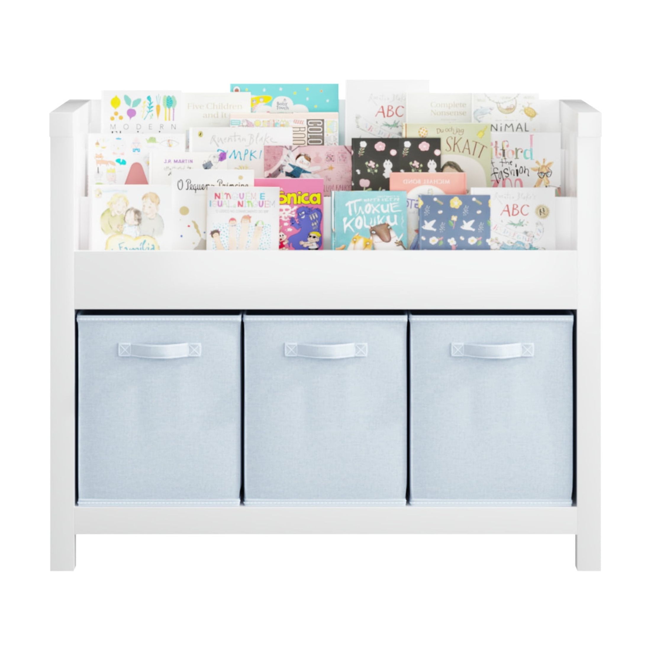 Noble House 35.43" Kids Bookshelf with 3 Tier Front-Facing Shelves and 3 Fabric Bins, Wooden Book Organizer, White