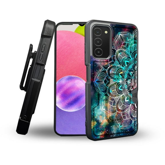 ANJ  Rugged Shockproof Holster Case Card Slot Kickstand   Tempered Glass Cover for Samsung Galaxy A03s - Mandala Galaxy