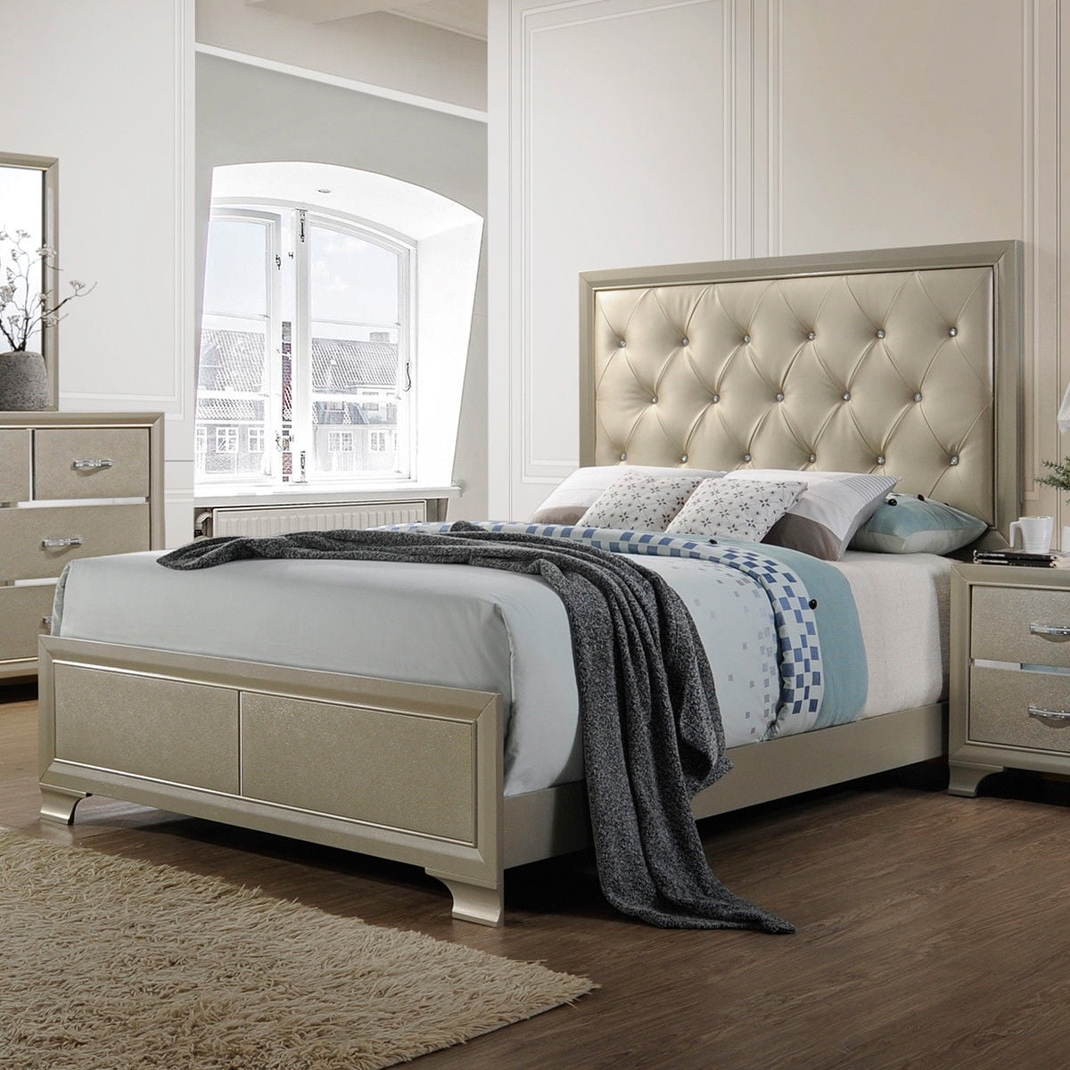 King Size Bed Frame Platform Tall Headboard Wood Slats Home Furniture