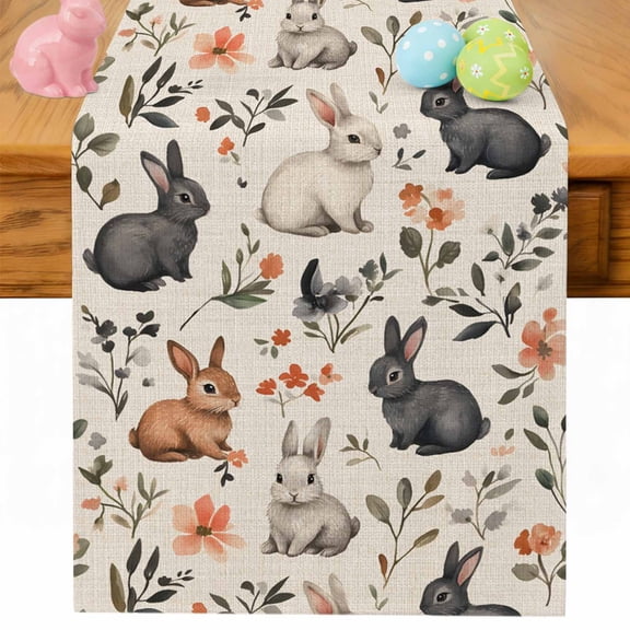 Easter Rabbit Table Runner 120 Inches Long for Kitchen Dining, Retro Pastoral Bunny Flower Watercolor Dresser Scarf Farmhouse, Dining Table Decorations for Wedding/Parties, 13 x 120 In
