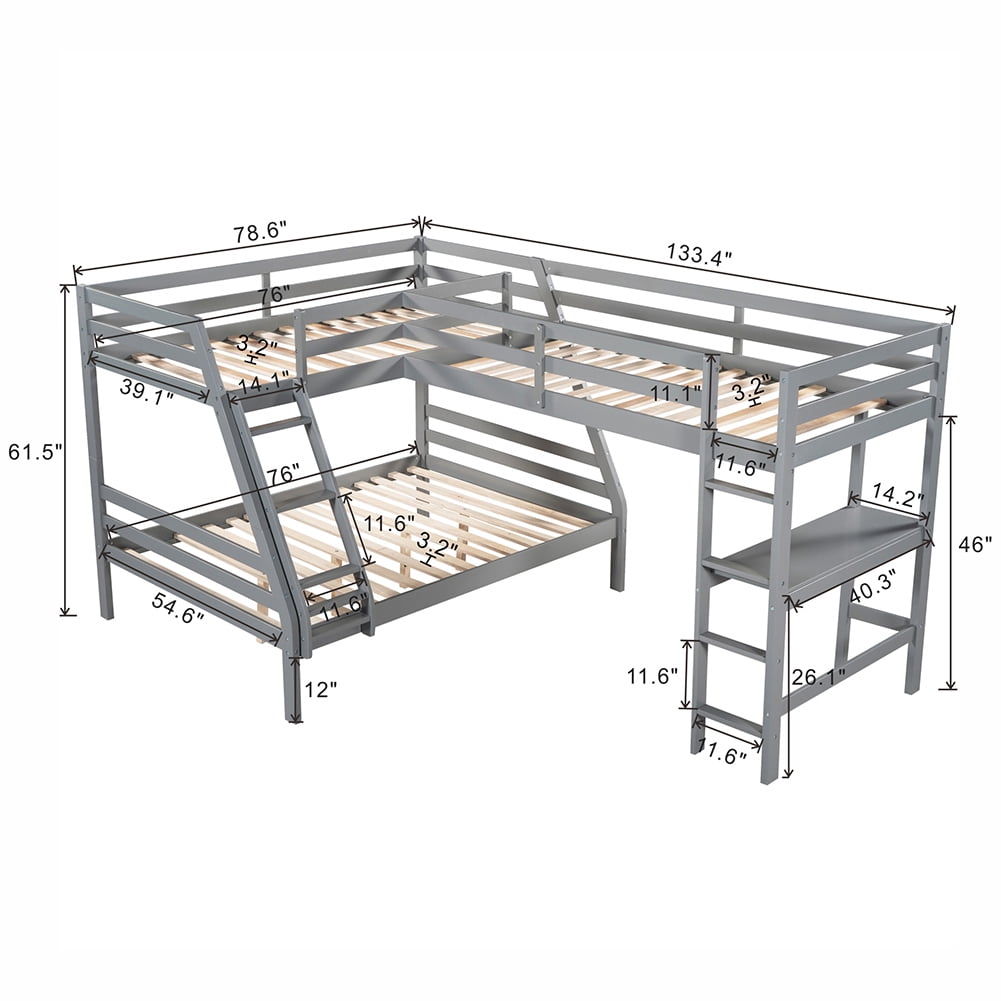 Kadyn Triple Bed Twin-Over-Twin-Over-Full Bed L Shaped Bunk Bed with Built-in Desk, Gray