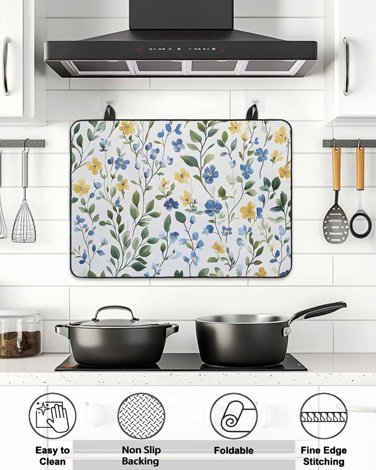 Stove Top Covers for Electric Stove, Blue Yellow Floral Spring Glass Stovetop Cover Protector, Summer Pastoral Botanical Green Induction Cooktop Protector Oven Mat for Kitchen Countertop 24"x21"