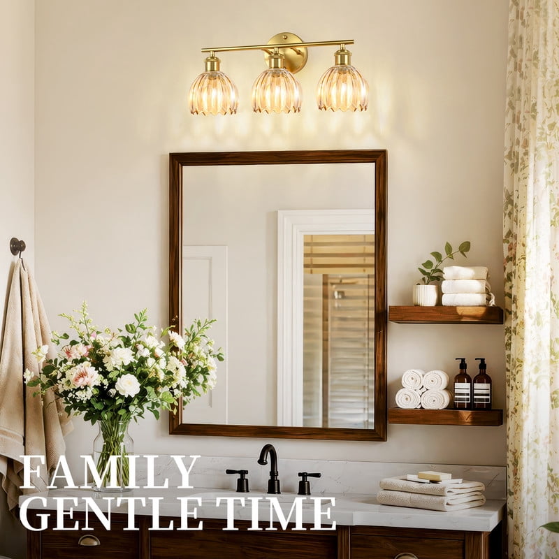 HKMGT 3-Light Gold Vanity Light with Amber Ribbed Glass, Reversible Mounting, E26 Base Wall Sconce for Bathroom & Hallway