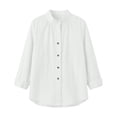thumbnail image 6 of hoksml Women Stand Collar Gathered Neck Long Sleeve Shirt Cotton Linen Textured Button Down Blouse for Office Daily Travel, 6 of 9