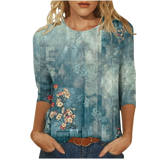 Staron Liquidation Femmes Hauts et Chemisiers à Manches 3/4 à Imprimé Floral Col Ras du Cou T-Shirts Basiques Hauts Mode Décontracté Chic Décontracté Chemisiers