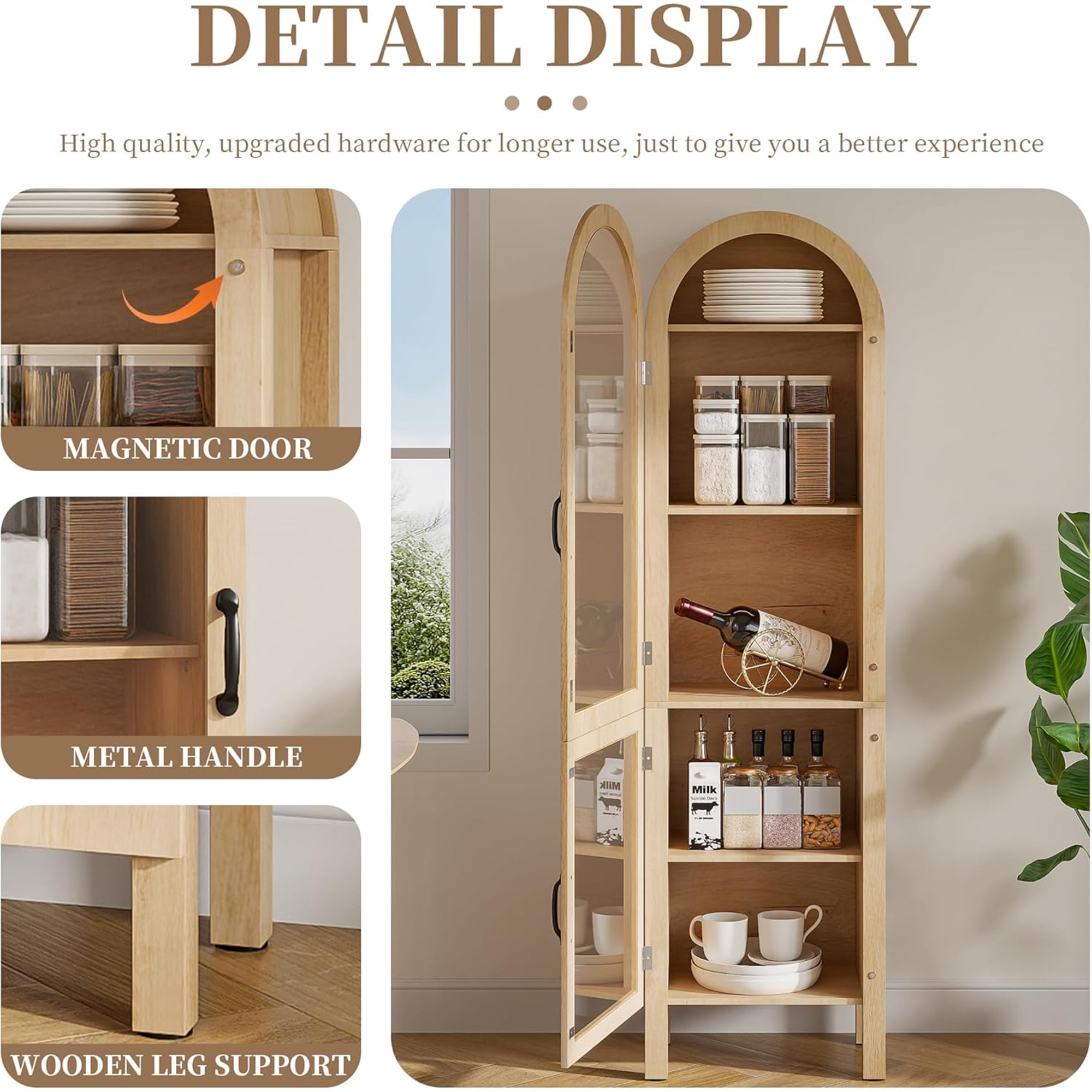 Arched Kitchen Pantry Storage Cabinet, Tall Storage Display Cabinet, 5 Tier Bookcase for Living Room (Wood)