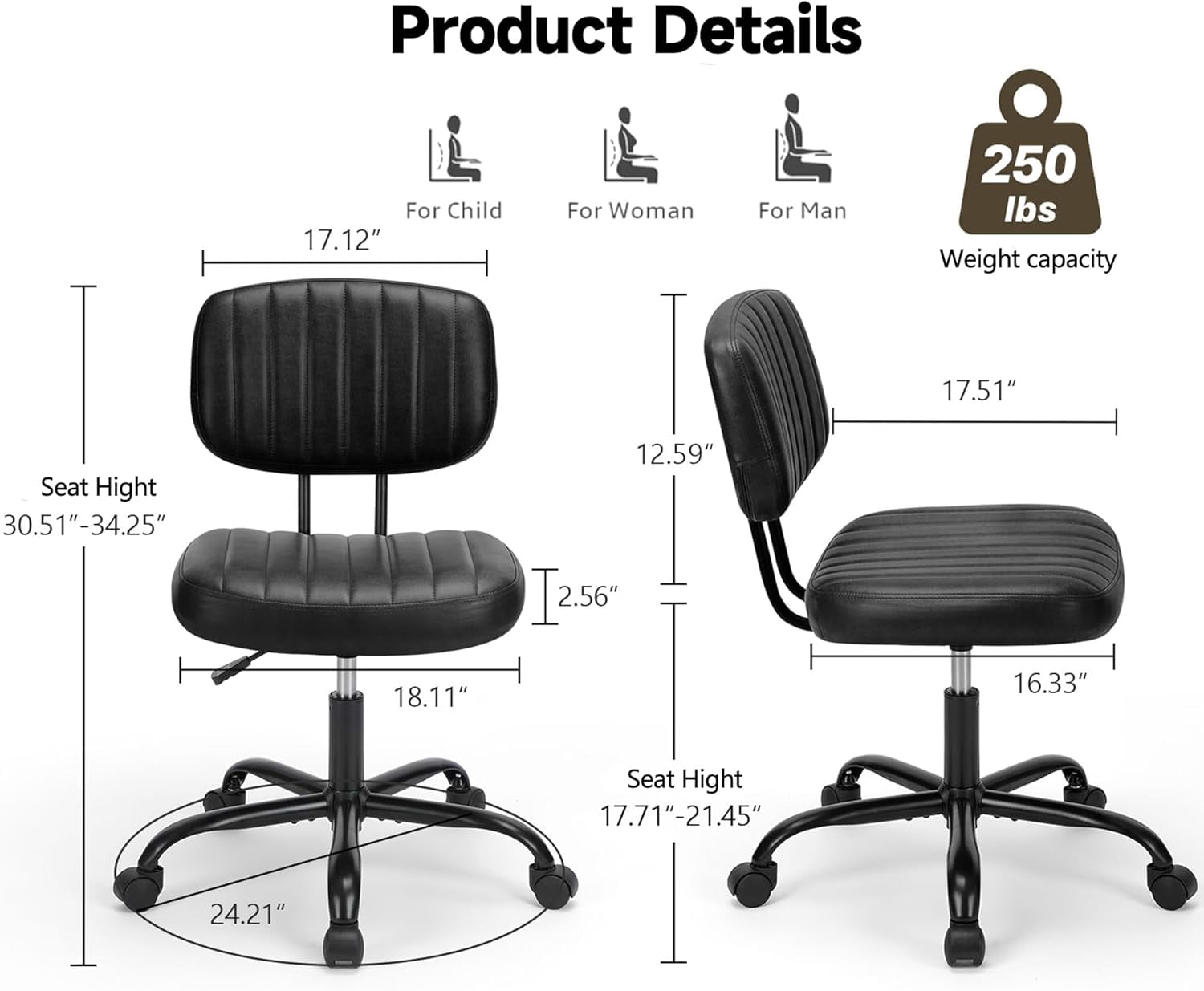 ENYLAY Small Armless Home Office Desk Chair, Ergonomic Cute Chair PU Leather with Adjustable Swivel Rolling Comfy Task Study Chair with Lumbar Support for Adult and Student, Bedroom (Black)