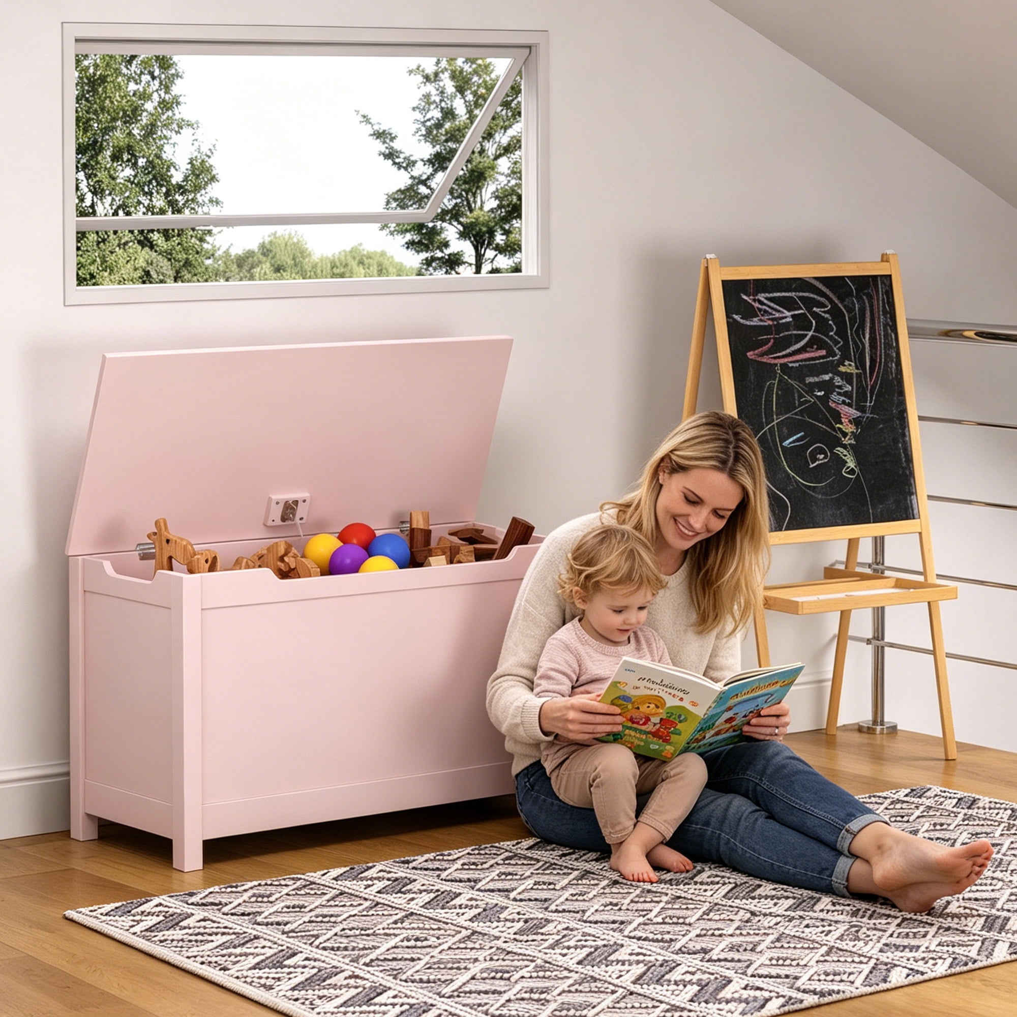 MDF Kids Wooden Toy Storage Box with Safety Hinged Lid for Ages 2+, 2.7 Cubic Feet Large Storage Chest, Easy 15-Min Assembly