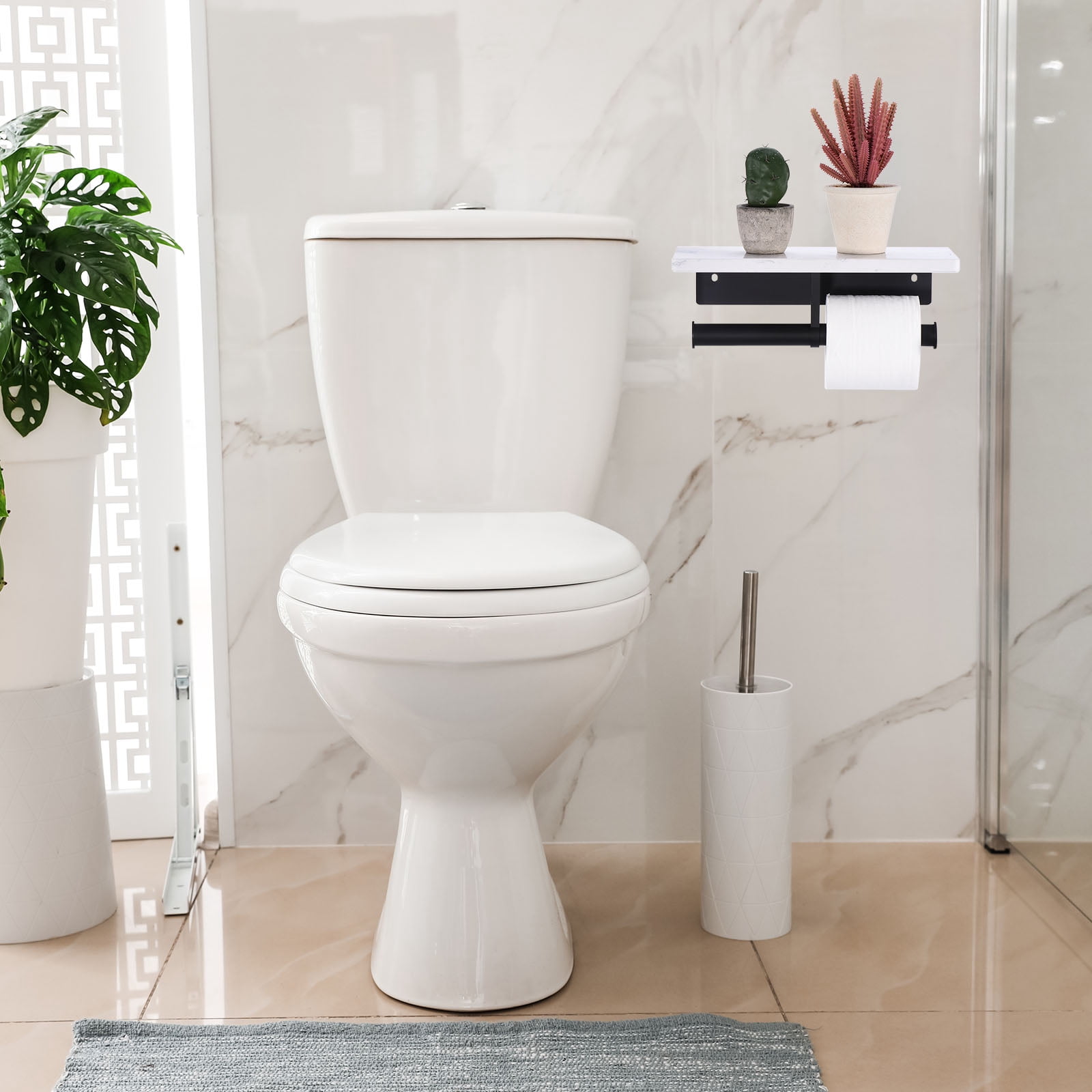 Unique Bargains Toilet Paper Holder with Marble Shelf Modern Design for Bathroom Black
