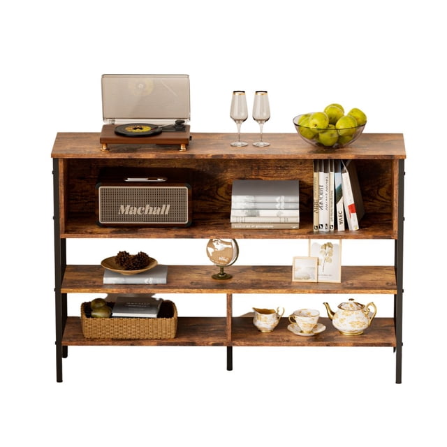 Credenza de Madera con 4 Niveles, Estructura de Metal y Estantes Abiertos