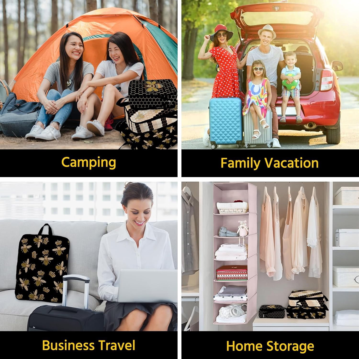 6 Pcs Compression Packing Cubes Waterproof Suitcase Travel Bag Luggage Backpack Organizer Travel Cubes for Packing-Black and Gold Bees