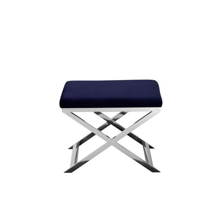 Benjara Sovi 20" Accent Stool Ottoman- X Shape Steel Legs- Navy Blue Velvet
