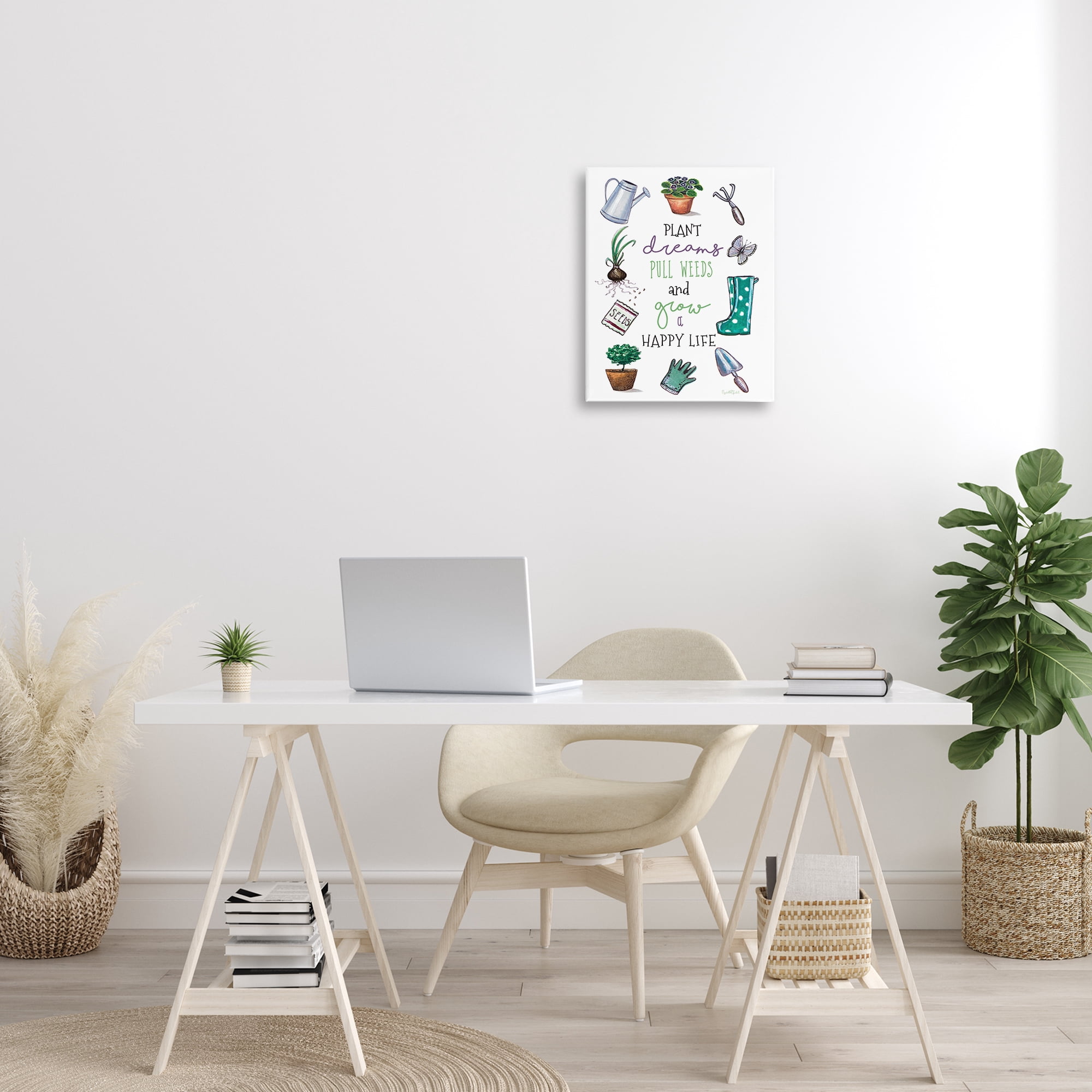 Stupell Industries Grow a Happy Life Botanical & Floral Painting Gallery Wrapped Canvas Art Print Wall Art, 16 x 20