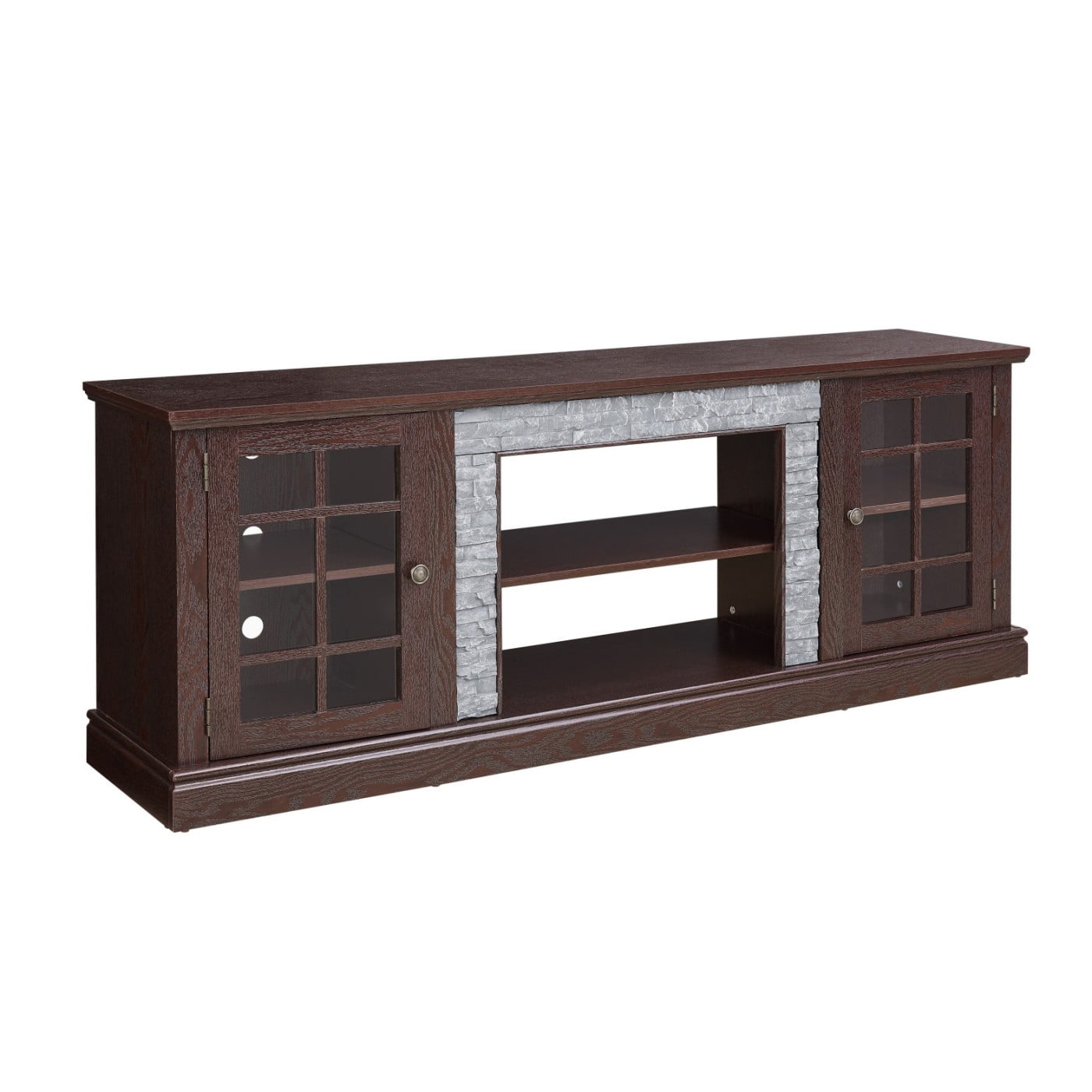 70" Modern TV Stand for 75 Inch TV, Faux Stone Media Console with 2-Door Storage Cabinet & Adjustable Shelves, Entertainment Center with Cable Management for Living Room, Cherry