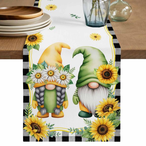 Sunflowers Gnomes Table Runner 72 Inches, Eucalyptus Spring Black Checkered Bed Runner Dresser Scarves Tabletop for Indoor Outdoor Parties/Ceremony/Banquet, 14" x 72"