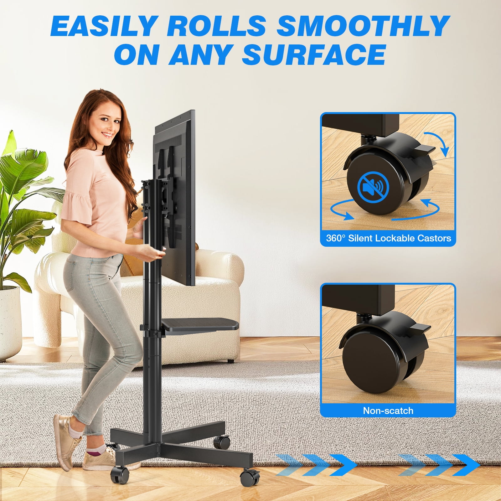 RTVR Rolling Mobile TV Cart Stand on Wheels for 32 to 75 inch Flat Curved Screens, Portable Movable TV Stand with Shelf, Modern Black