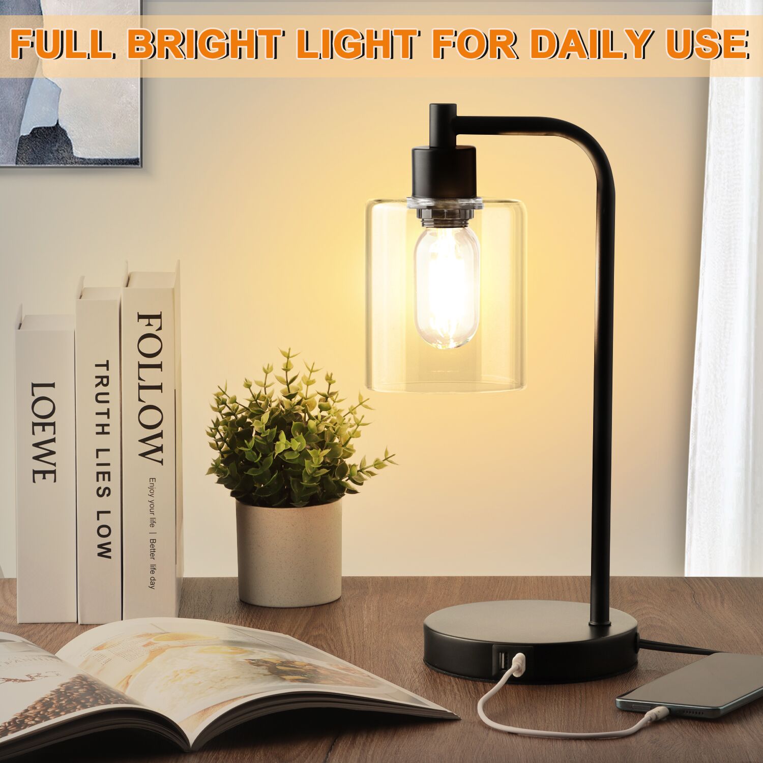 Walchoice Table Lamp Set of 2, Touch Control Desk Lamp with 2 USB Charging Ports, 3-Way Dimmable Nightstand Lamps with Glass Shade for Bedroom Living Room