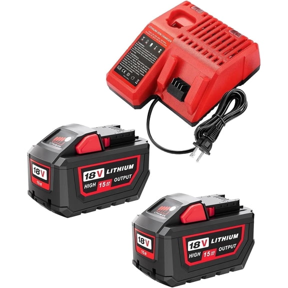 2Pack 18V 15.0Ah Batteries and Charger Combo Replacement for Milwaukee Battery Lithium Ion 48-11-1880 48-11-1860 48-11-1850 and 18 Volt Cordless Power Tools