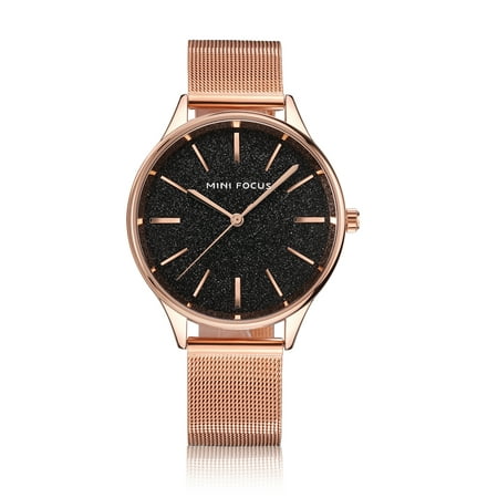 Womens Quartz Watch Black Dial Steel Mesh Belt Time Scale Fashion Style for Friends Lovers Best Holiday Gift