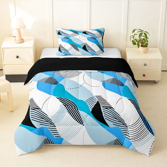 Homewish Bohemian Watercolor Ombre Twin Comforter Sets,Abstract Swirl Bedding Set,Blue,Black Reversible,2 Pieces,1 Comforter and 1 Pillowcase