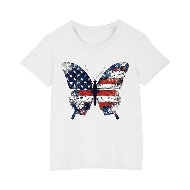Vestido Corto de Verano Niños Niños Niñas Camiseta de Algodón Cuello Redondo Lindo Día de la Independencia Imprimir Top