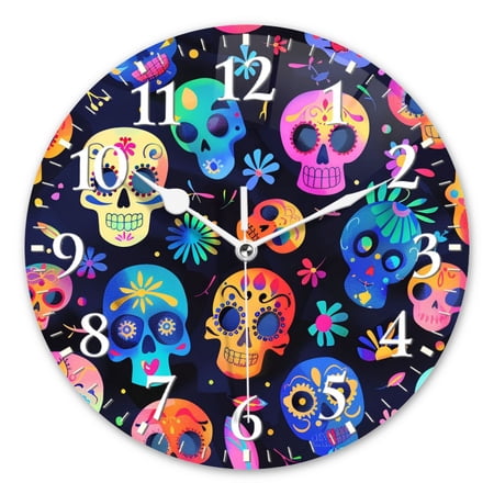 Round Wall Clock,Colorful Cartoon-Style Skull Pattern On Dark Background,Silent Non-Ticking Wall Clock Decor for Home Office Kitchen Living Room Bedroom(10inch)