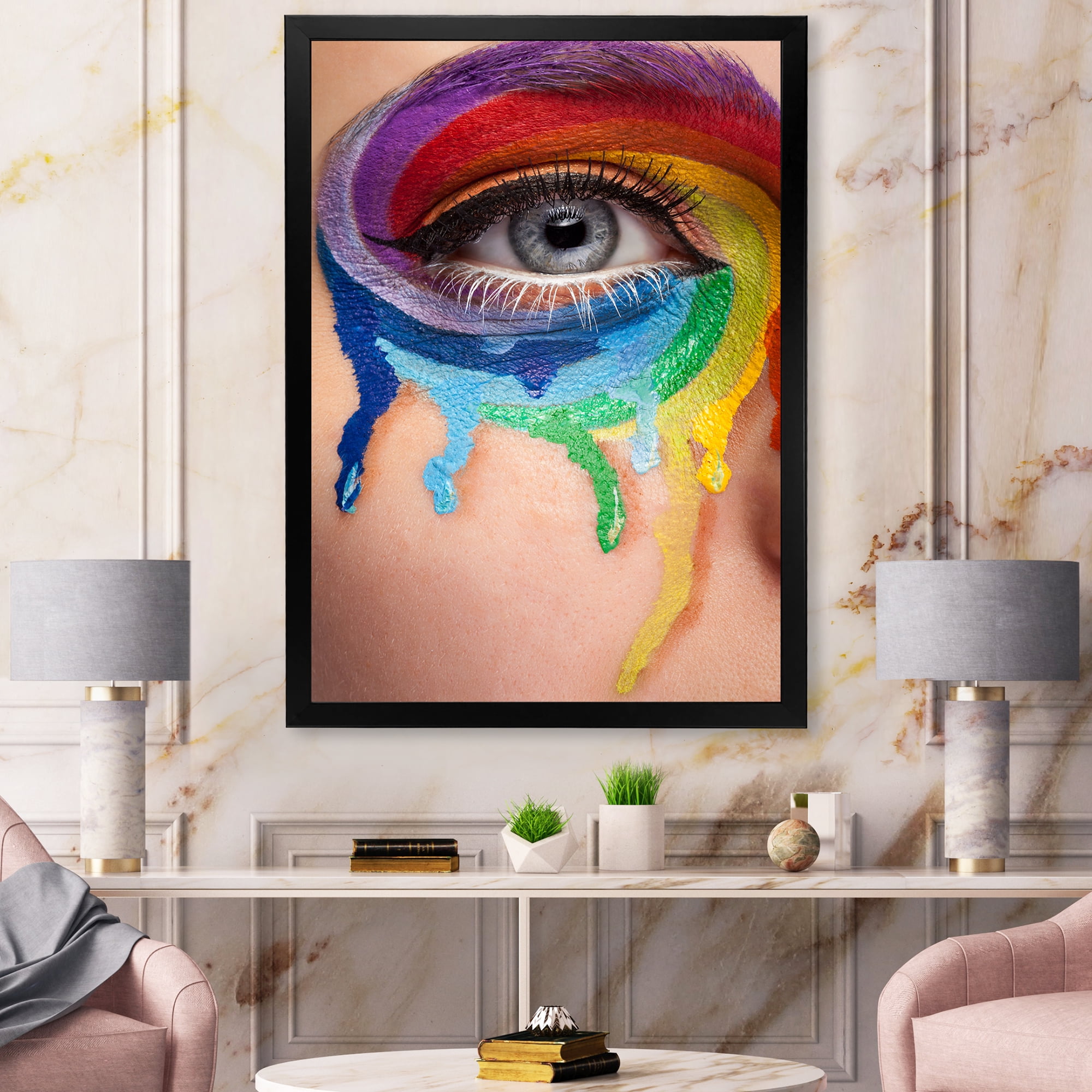 Designart 'Close Up Eye With Colourful Cry In A Wheel Arround' Modern Framed Art Print