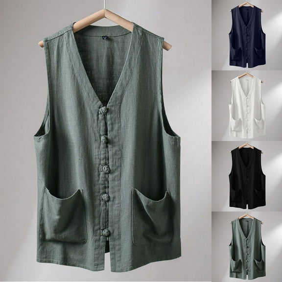 BVOFAR Men's Summer Linen Suit Vests Big and Tall Retro Button Up Classic Waistcoats Casual V Neck Sleeveless Vest Wedding Groomsmen Waistcoat Army Green—Tank Tops XXXL